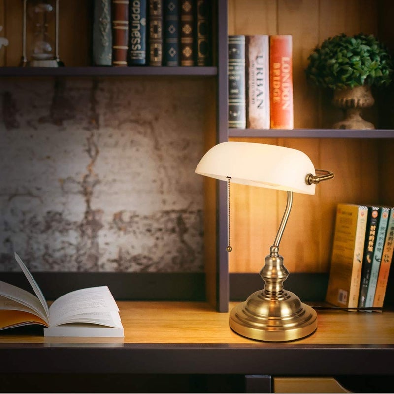 Newrays Glass Bankers Desk Lamp with Pull Chain Switch Plug in Fixture,Satin Brass Finish (White) - Image 2